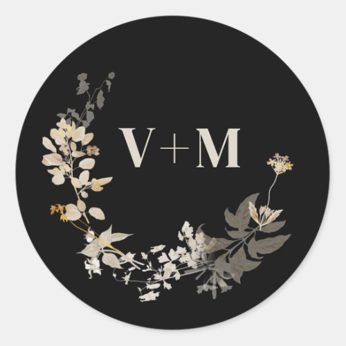 Rustic Black White Botanical Monogram Wedding Classic Round Sticker