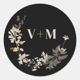 Rustic Black White Botanical Monogram Wedding Classic Round Sticker