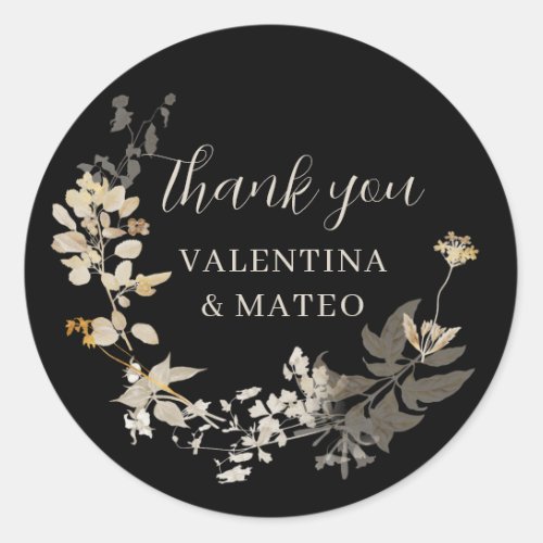 Rustic Black White Botanical Wedding Thank You Classic Round Sticker