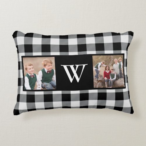 Rustic Black White Buffalo Check 2 Photo Monogram Accent Pillow