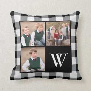 Rustic Black White Buffalo Check 3 Photo Monogram Throw Pillow
