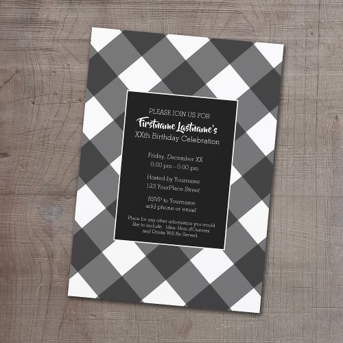 Rustic Black  White Buffalo Check Birthday Party Invitation