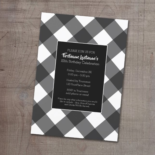 Rustic Black & White Buffalo Check Birthday Party Invitation (Buffalo Plaid Birthday Party Invitation)