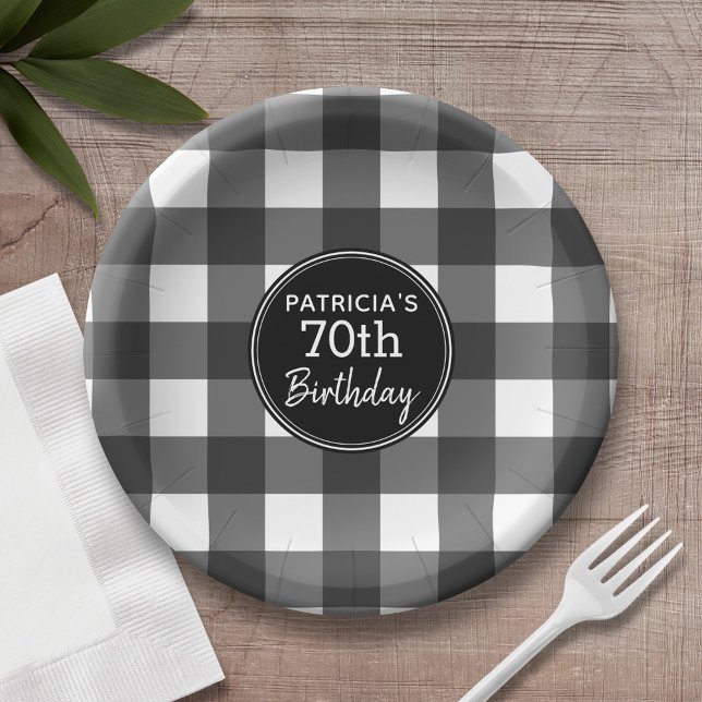 Rustic Black & White Buffalo Check Birthday Party Paper Plates (Personalized birthday plates and bowls with buffalo check pattern)