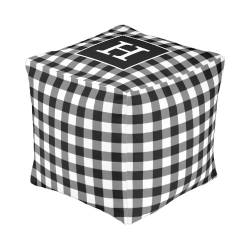 Rustic Black White Buffalo Check Pattern Monogram Pouf