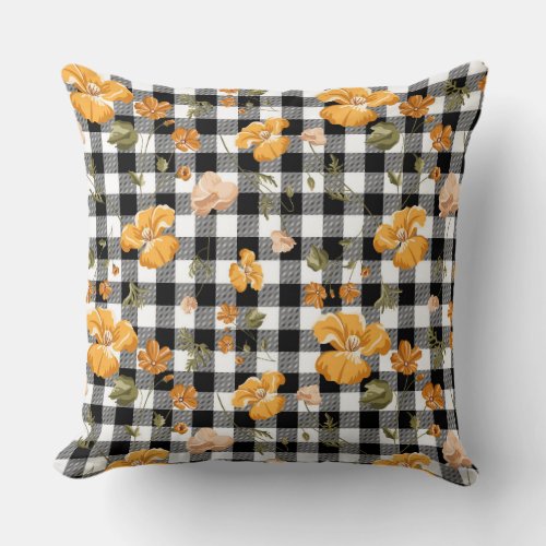 Rustic Black  White Buffalo Checks  floral Throw Pillow