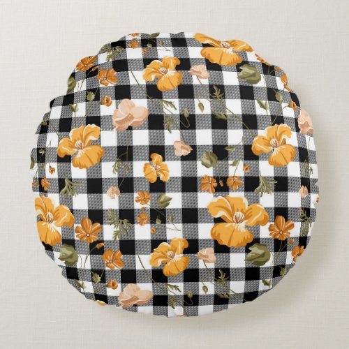 Rustic Black  White Buffalo Checks  floral Throw Round Pillow