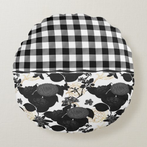 Rustic Black White Buffalo Checks Flower Round Pillow