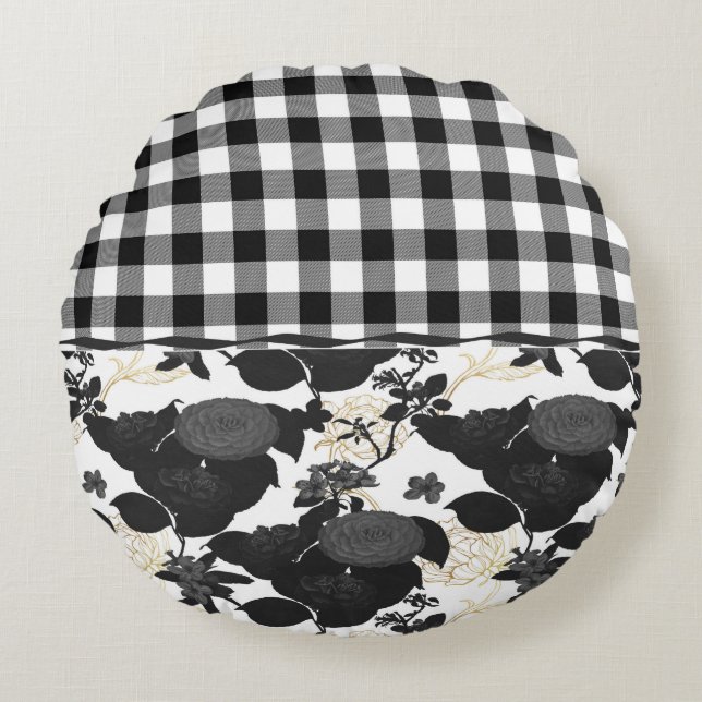Rustic Black White Buffalo Checks Flower Round Pillow (Front)