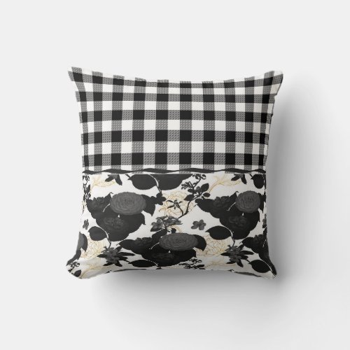 Rustic Black White Buffalo Checks Flower Throw Pillow