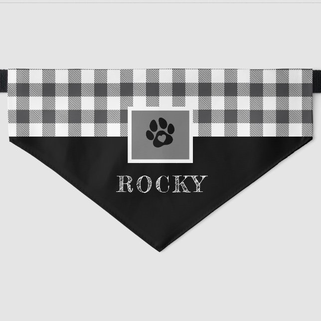 Rustic Black & White Buffalo Lumberjack Plaid Pet Bandana Collar (Front)