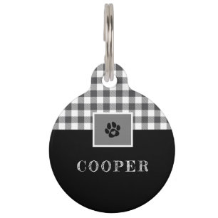 Rustic Black & White Buffalo Lumberjack Plaid Pet ID Tag