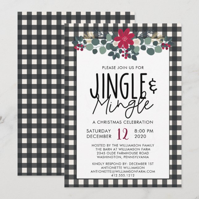Rustic Black White Buffalo Plaid Christmas Party Invitation (Front/Back)
