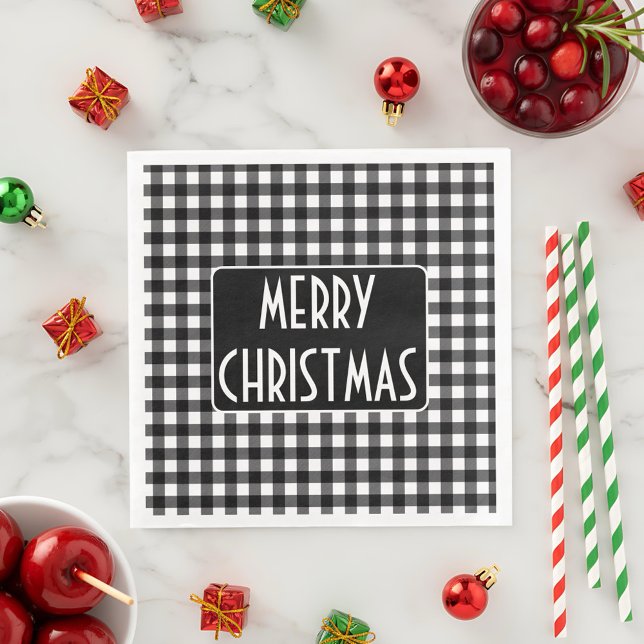 Rustic Black & White Buffalo Plaid Merry Christmas Paper Dinner Napkins (Creator Uploaded)