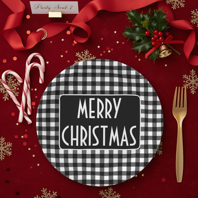 Rustic Black & White Buffalo Plaid Merry Christmas Paper Plates (Creator Uploaded)