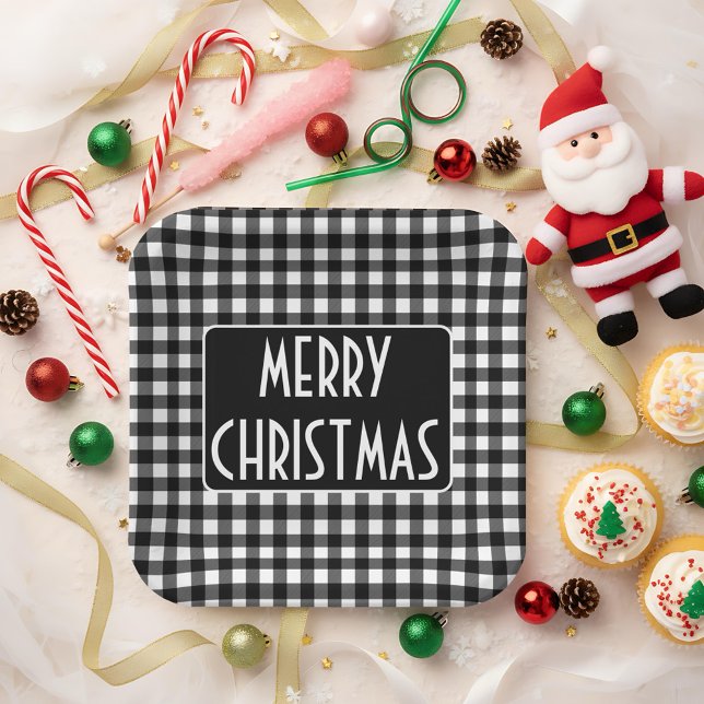 Rustic Black & White Buffalo Plaid Merry Christmas Paper Plates (Creator Uploaded)