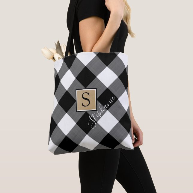 Rustic Black White Buffalo Plaid Monogram Name Tote Bag (Close Up)