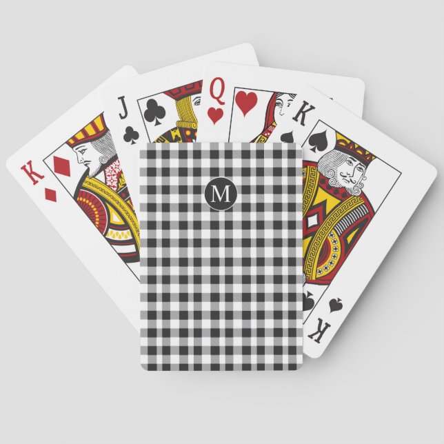 Rustic Black & White Buffalo Plaid Monogrammed Poker Cards (Back)