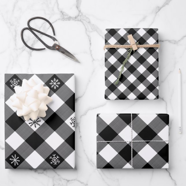 Rustic Black White Buffalo Plaid Snowflake Wrapping Paper Sheets (Front)