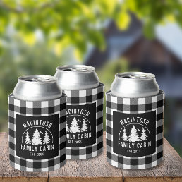 Rustic Black White Buffalo Plaid Woods Personalize Can Cooler