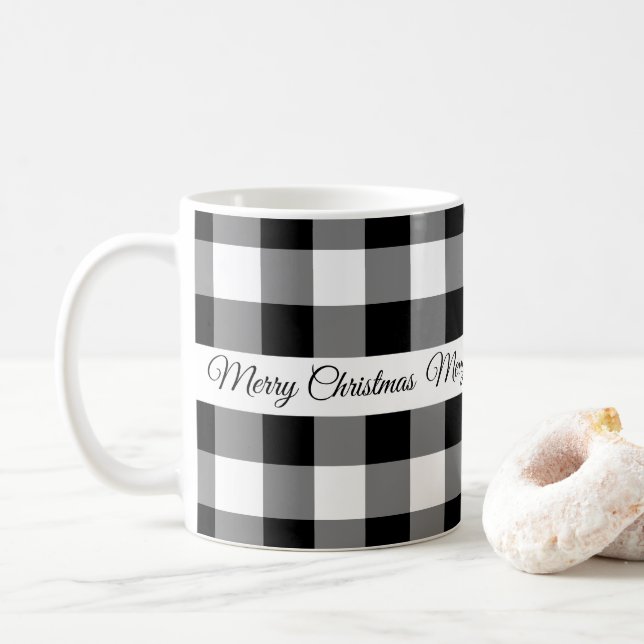 Rustic Black White Checkered Merry Christmas Coffee Mug (With Donut)