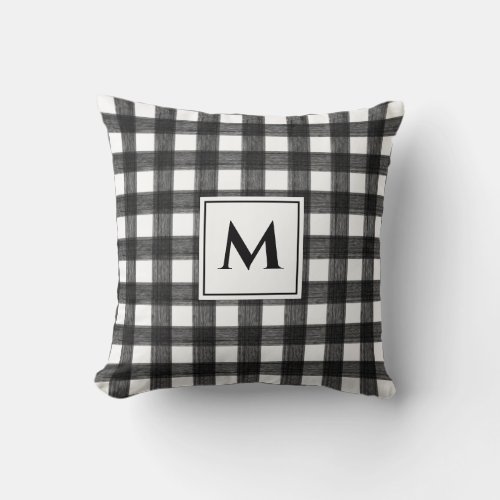 Rustic Black  White Checkered Plaid Monogram Throw Pillow