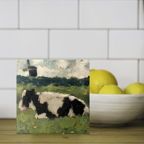 Rustic Black  White Cow and Windmill Vintage Art Ceramic Tile