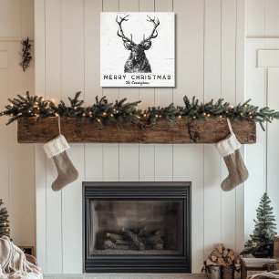 Rustic Black White Deer Christmas Monogram Canvas Print