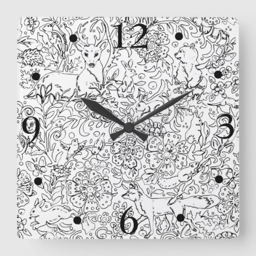 Rustic Black White Forest Animal Fox Rabbit Sketch Square Wall Clock