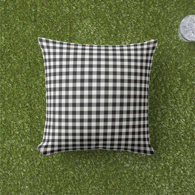 Rustic Black White Gingham Checked Pattern Outdoor Pillow (Grass)
