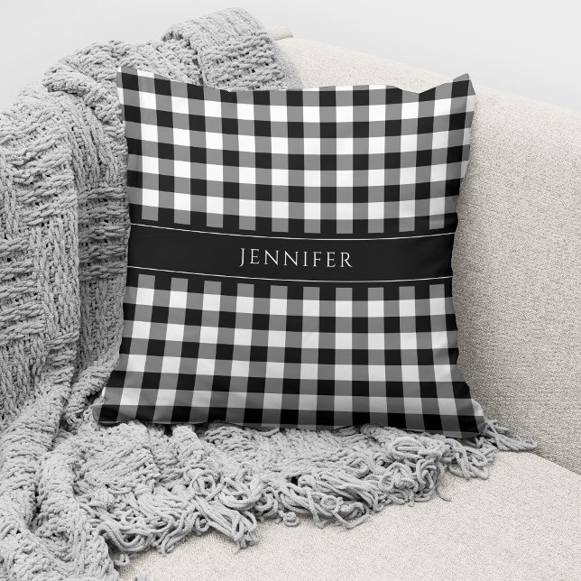 Rustic Black & White Gingham Pattern Name Throw Pillow (Creator Uploaded)