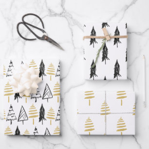 Rustic Black White & Gold Evergreen Christmas Tree Wrapping Paper Sheets