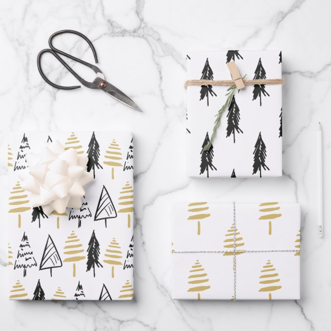 Rustic Black White & Gold Evergreen Christmas Tree Wrapping Paper Sheets (Front)