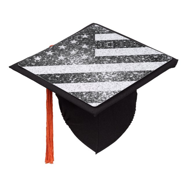 Rustic Black White Gray Sparkles USA flag Graduation Cap Topper (Angled)