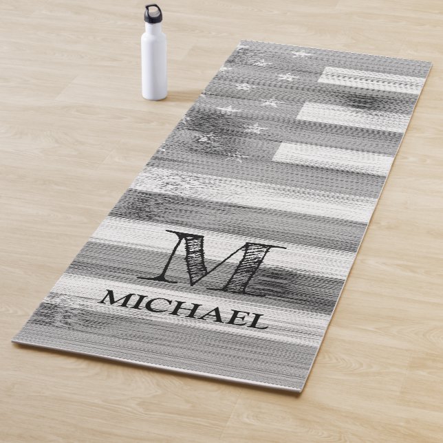 Rustic black white gray Wood USA flag Monogram Yoga Mat (In Situ)