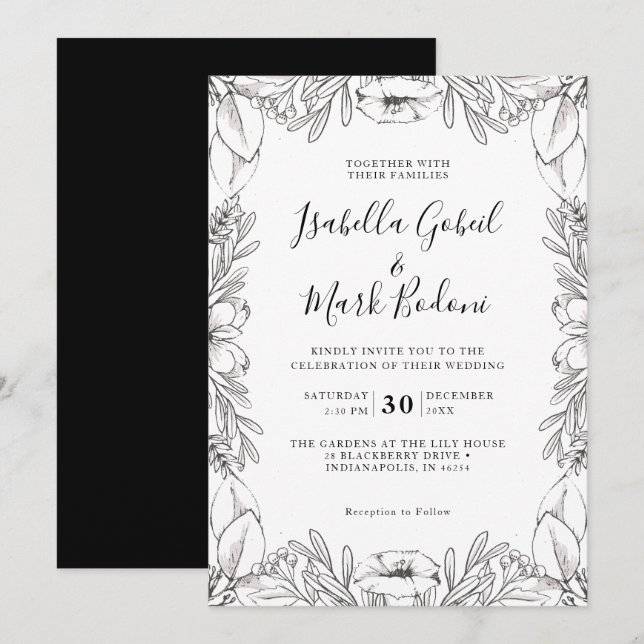 Rustic Black White Hand Sketched Floral Wedding Invitation (Front/Back)
