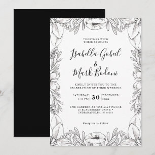 Rustic Black White Hand Sketched Floral Wedding Invitation