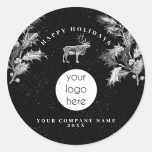Rustic Black White Holiday Business Logo Christmas Classic Round Sticker