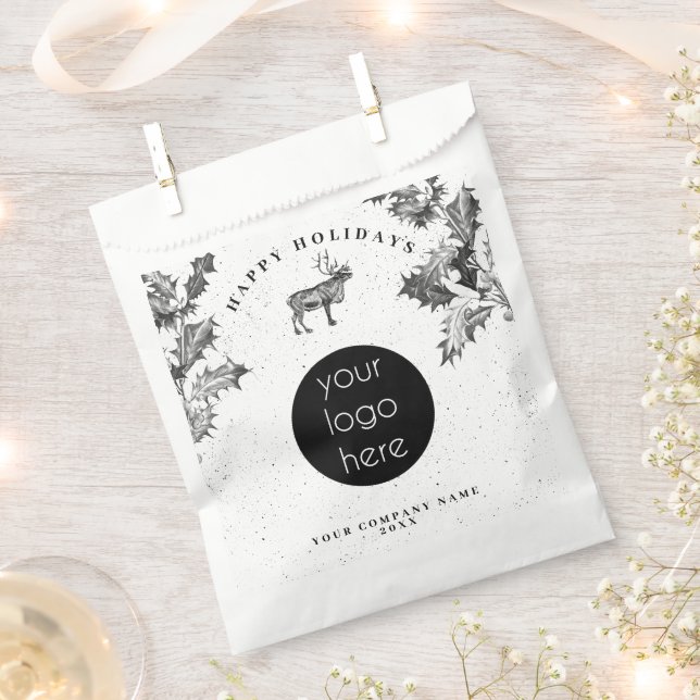 Rustic Black White Holiday Business Logo Christmas Favor Bag (Clipped)
