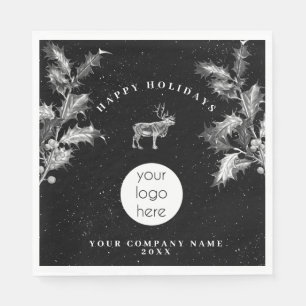 Rustic Black White Holiday Business Logo Christmas Napkins
