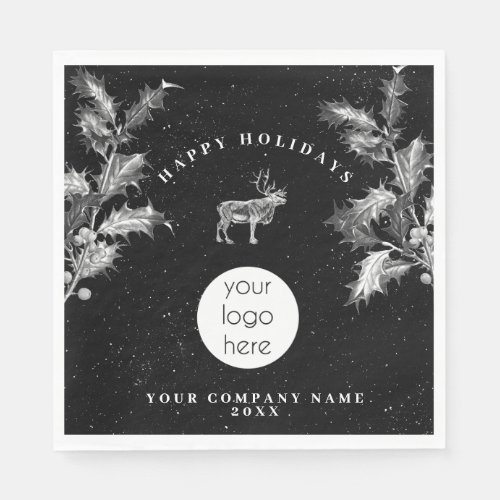 Rustic Black White Holiday Business Logo Christmas Napkins