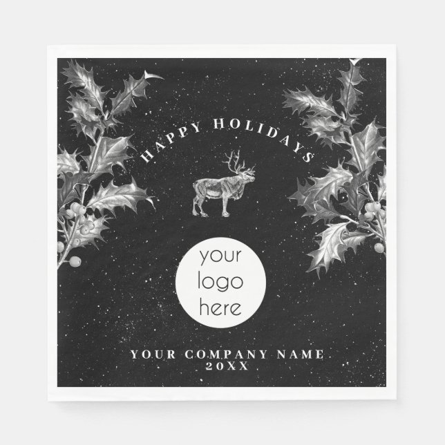 Rustic Black White Holiday Business Logo Christmas Napkins (Front)