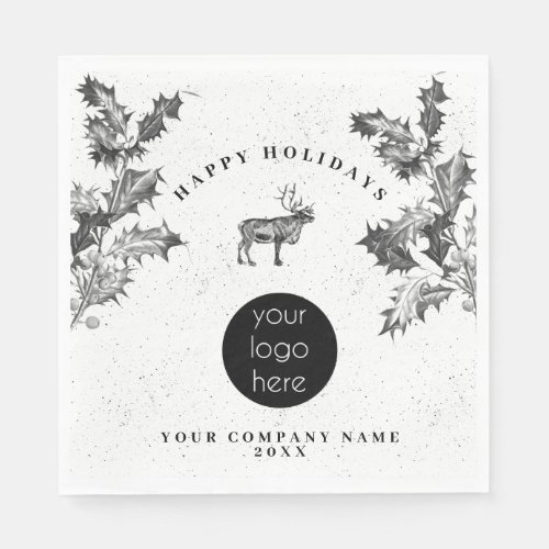 Rustic Black White Holiday Business Logo Christmas Napkins