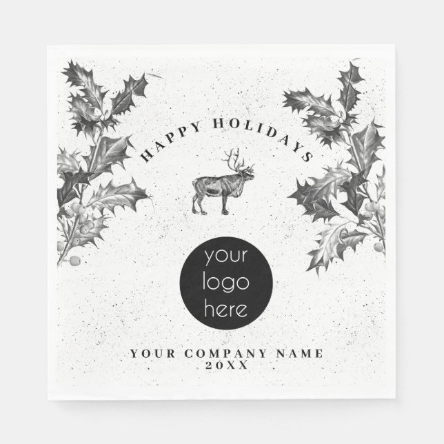 Rustic Black White Holiday Business Logo Christmas Napkins (Front)