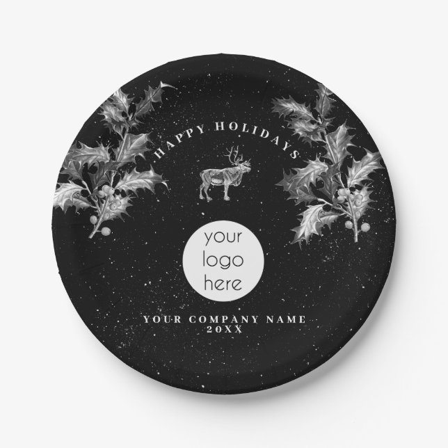 Rustic Black White Holiday Business Logo Christmas Paper Plates (Front)