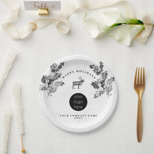 Rustic Black White Holiday Business Logo Christmas Paper Plates