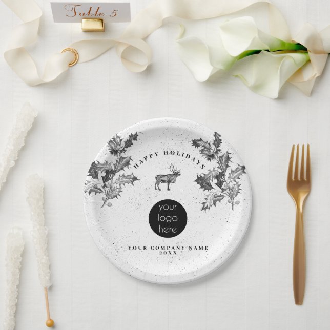 Rustic Black White Holiday Business Logo Christmas Paper Plates (Wedding)