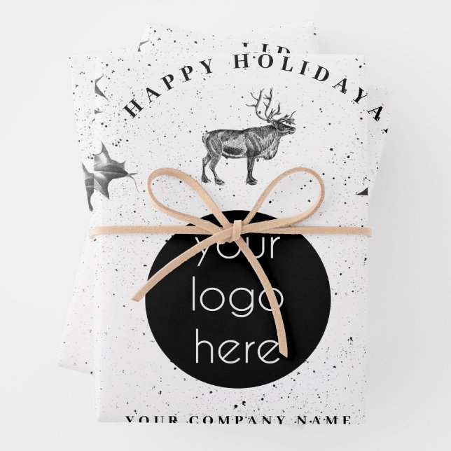 Rustic Black White Holiday Business Logo Christmas Wrapping Paper Sheets (In situ)