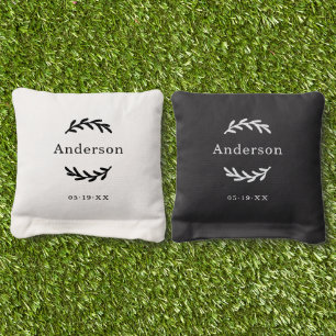Rustic Black White Laurel Wreath Wedding Monogram Cornhole Bags