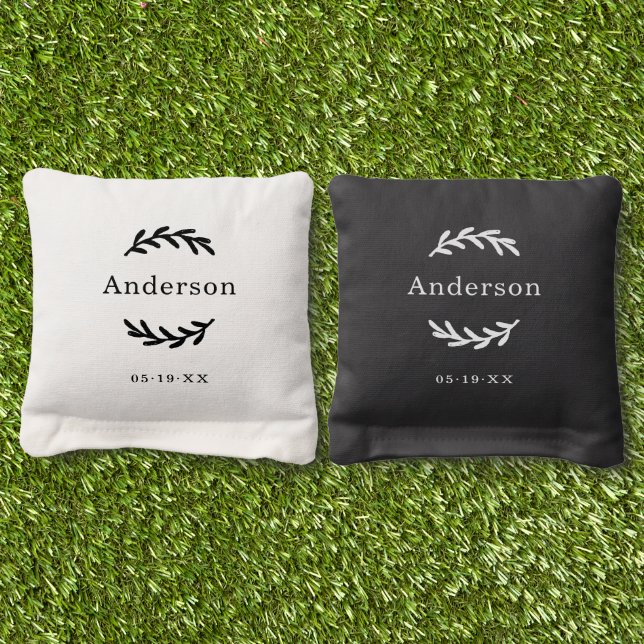 Rustic Black White Laurel Wreath Wedding Monogram Cornhole Bags (Grass)